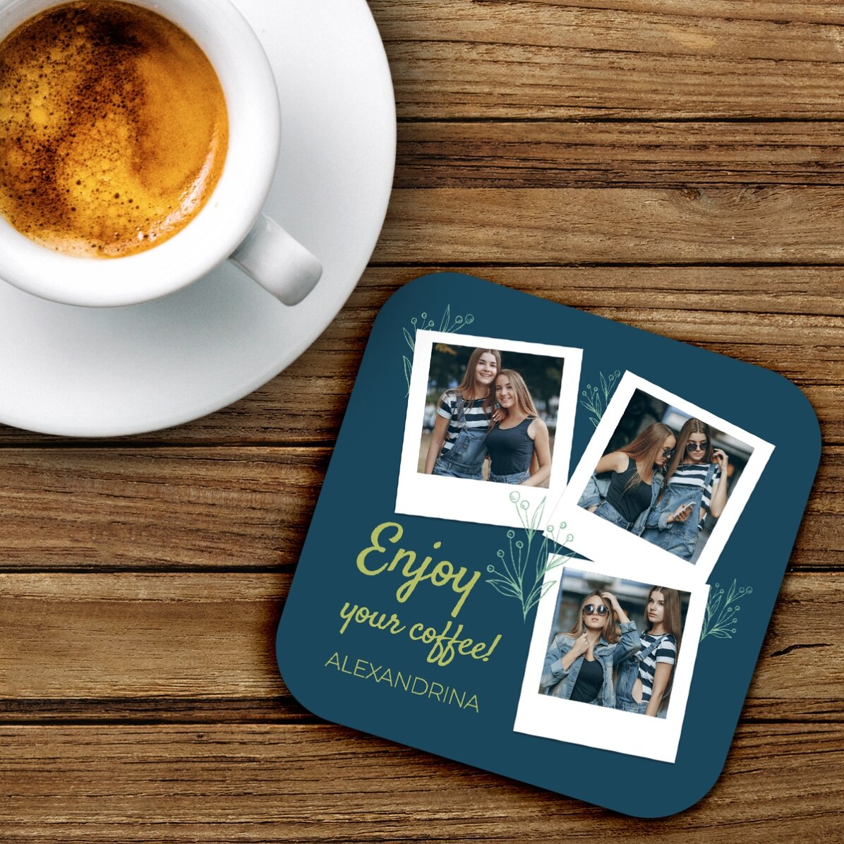 Personalizovaný podtácek se 3 fotografiemi a textem – Enjoy your coffee