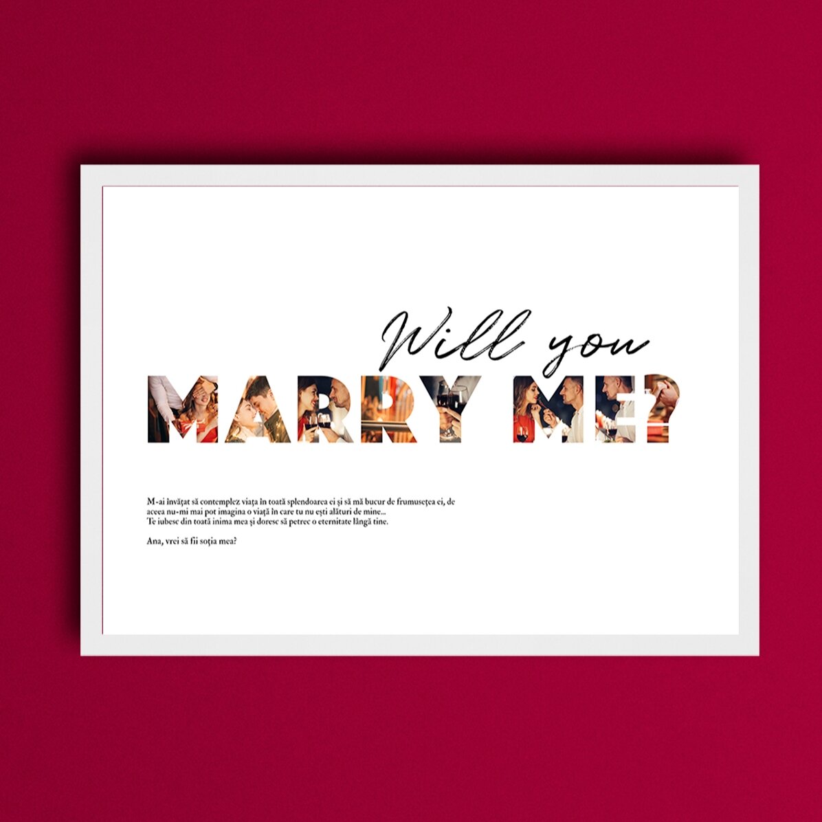 Personalizovaný obraz na šířku s 8 fotografiemi a textem – „Will you marry me?“