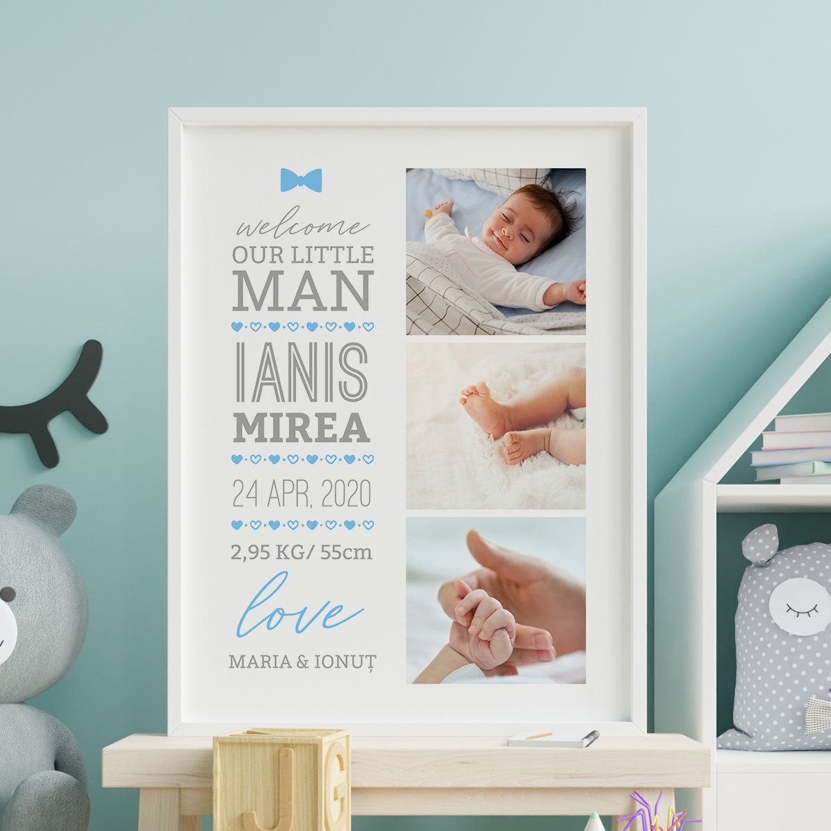 Personalizovaný obraz s textem a 3 fotografiemi – Hello, baby (chlapec)