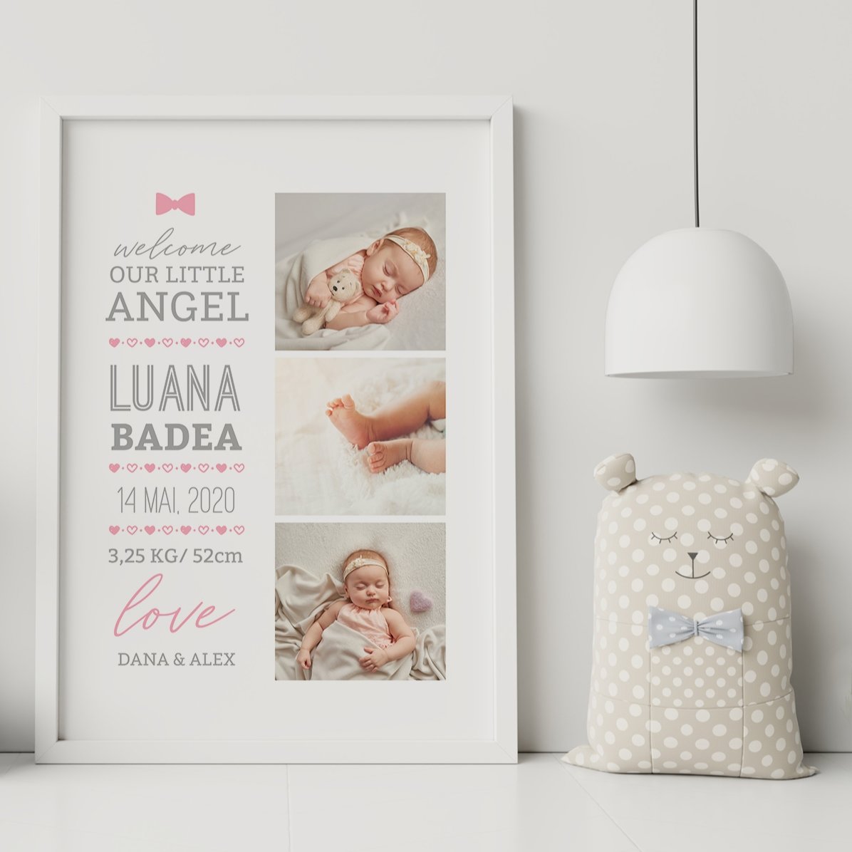 Personalizovaný obraz s textem a 3 fotografiemi – Hello, baby (holčička)