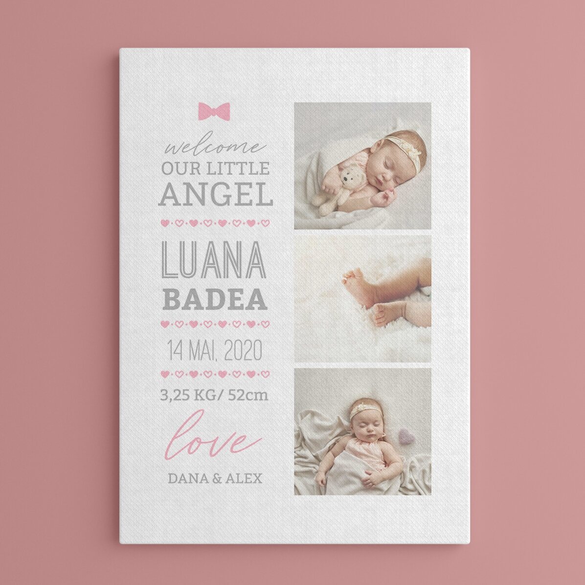 Personalizovaný obraz s textem a 3 fotografiemi – Hello, baby (holčička)