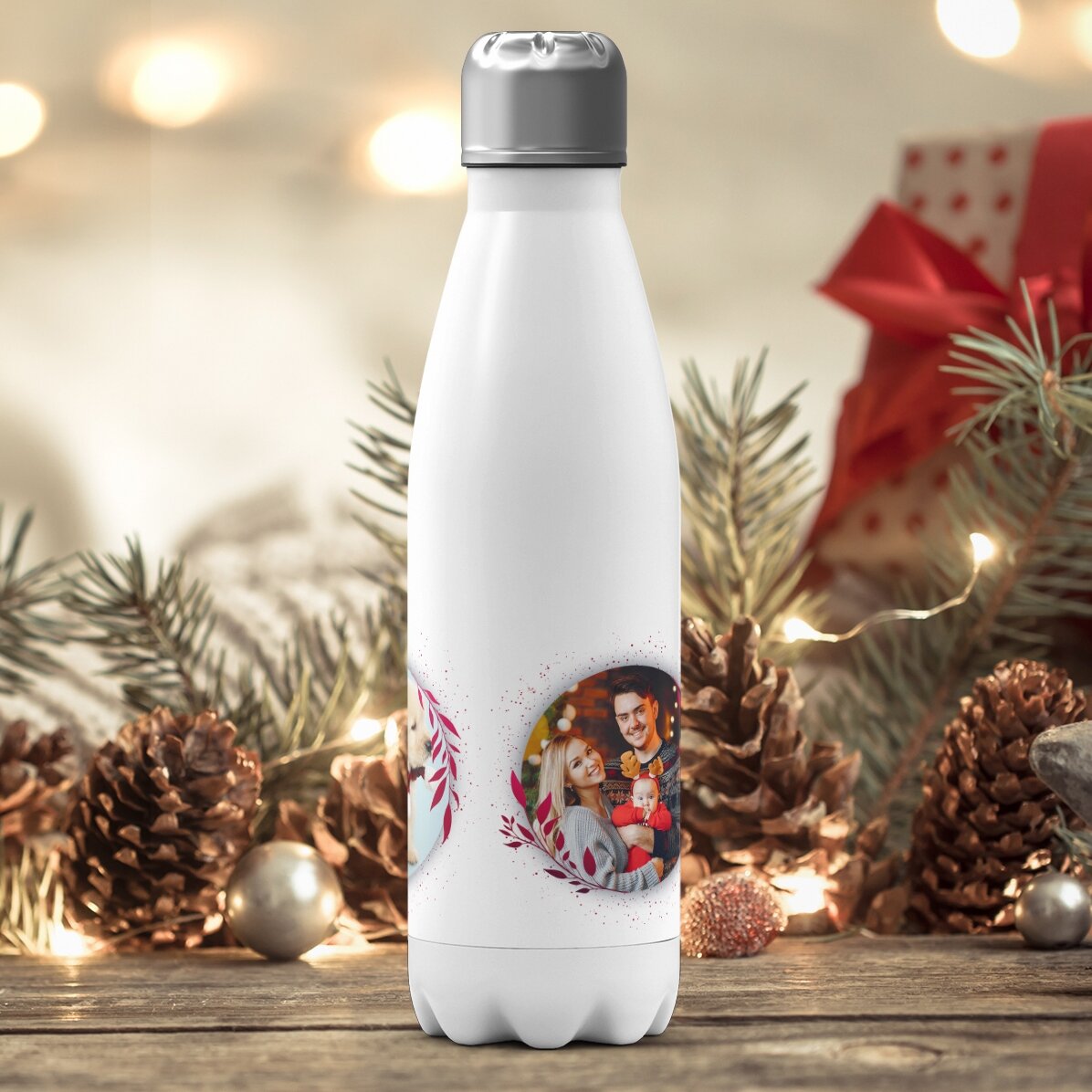 Termoska s bílým dnem, personalizovaná třemi fotografiemi – White Christmas