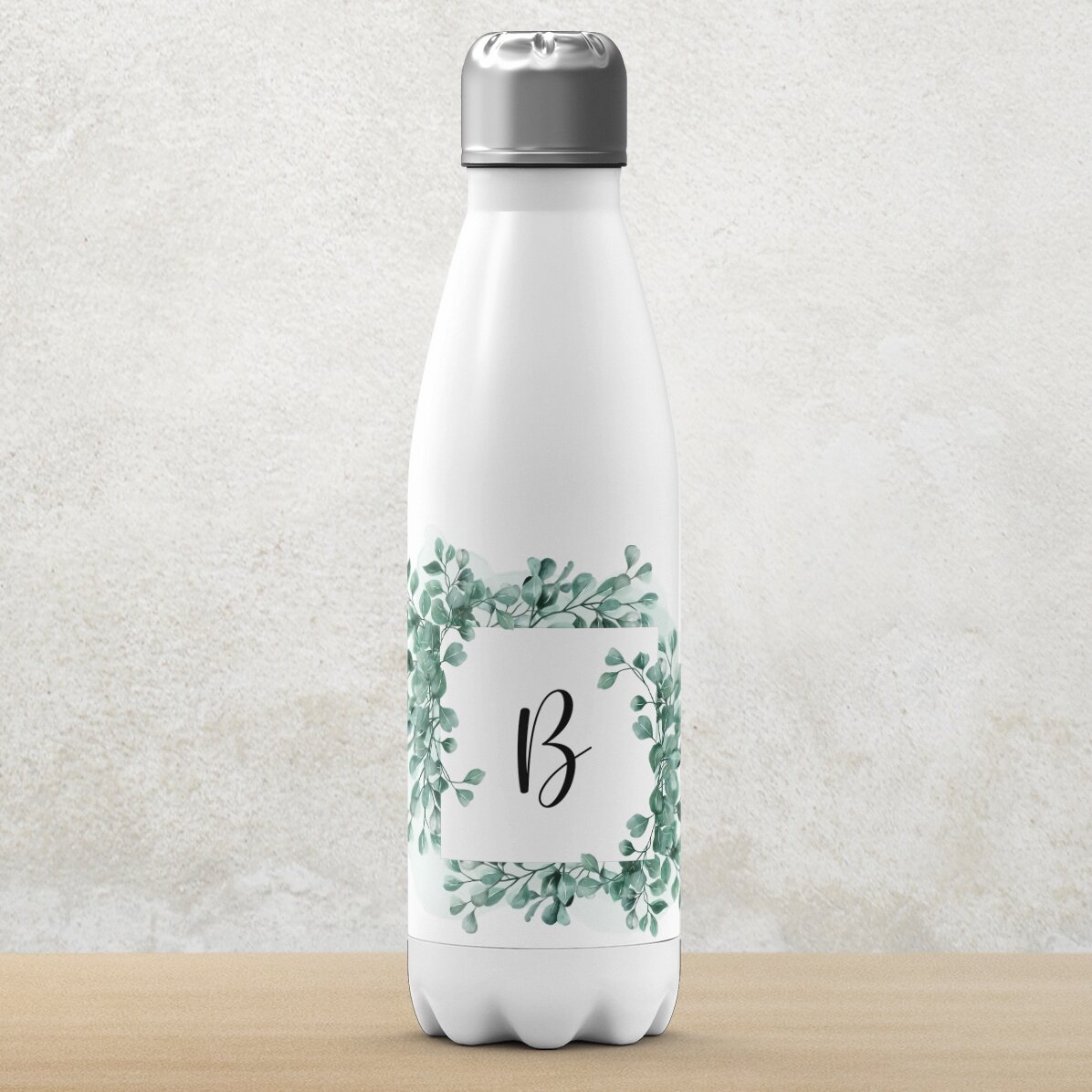 Termoska s bílou základnou, personalizovaná iniciálou