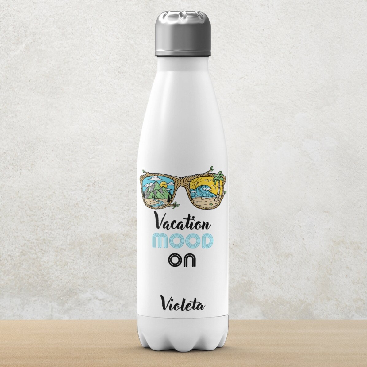 Termoska s bílým dnem s vlastním jménem – Vacation mood ON