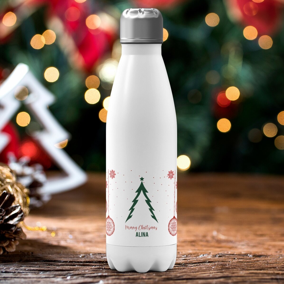 Termoska s bílou základnou s vlastním textem – Christmas tree