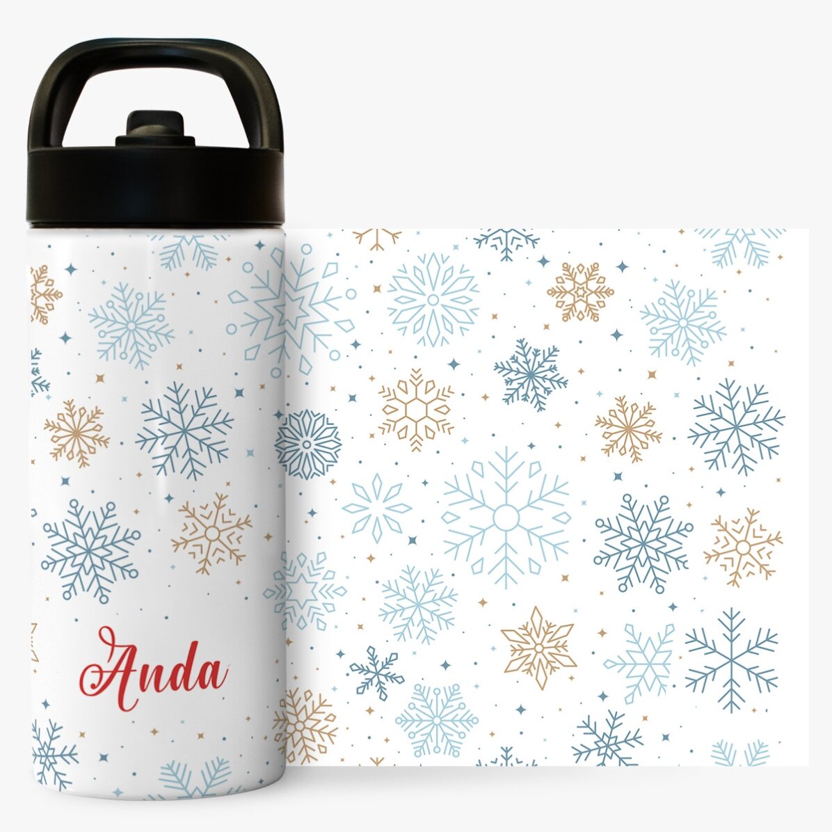 Thermos with handle and straw personalised with name - Snowflakes