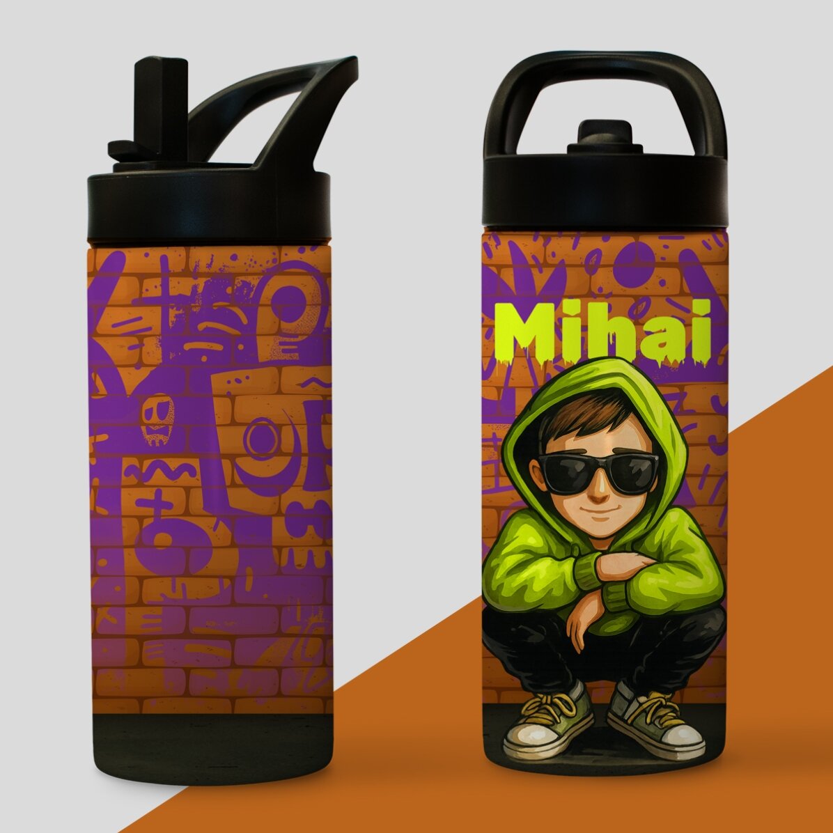 Termoska s rukojetí a brčkem s vlastním jménem – Graffiti