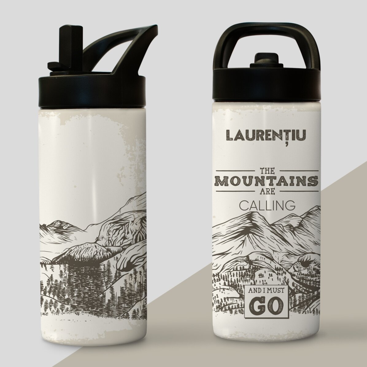Termoska s rukojetí a brčkem s vlastním jménem – Mountains are calling