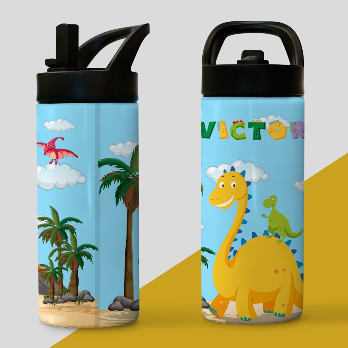 Termoska s rukojetí a brčkem s vlastním jménem pro děti – Dino