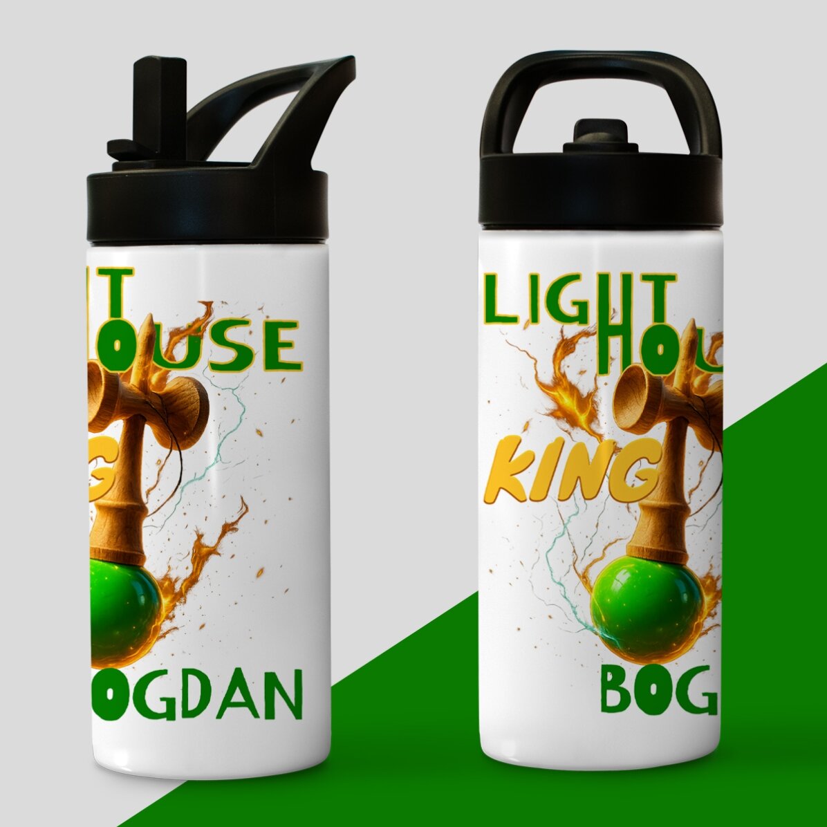 Thermos flask with handle and straw, personalised with name for children - Lighthouse King