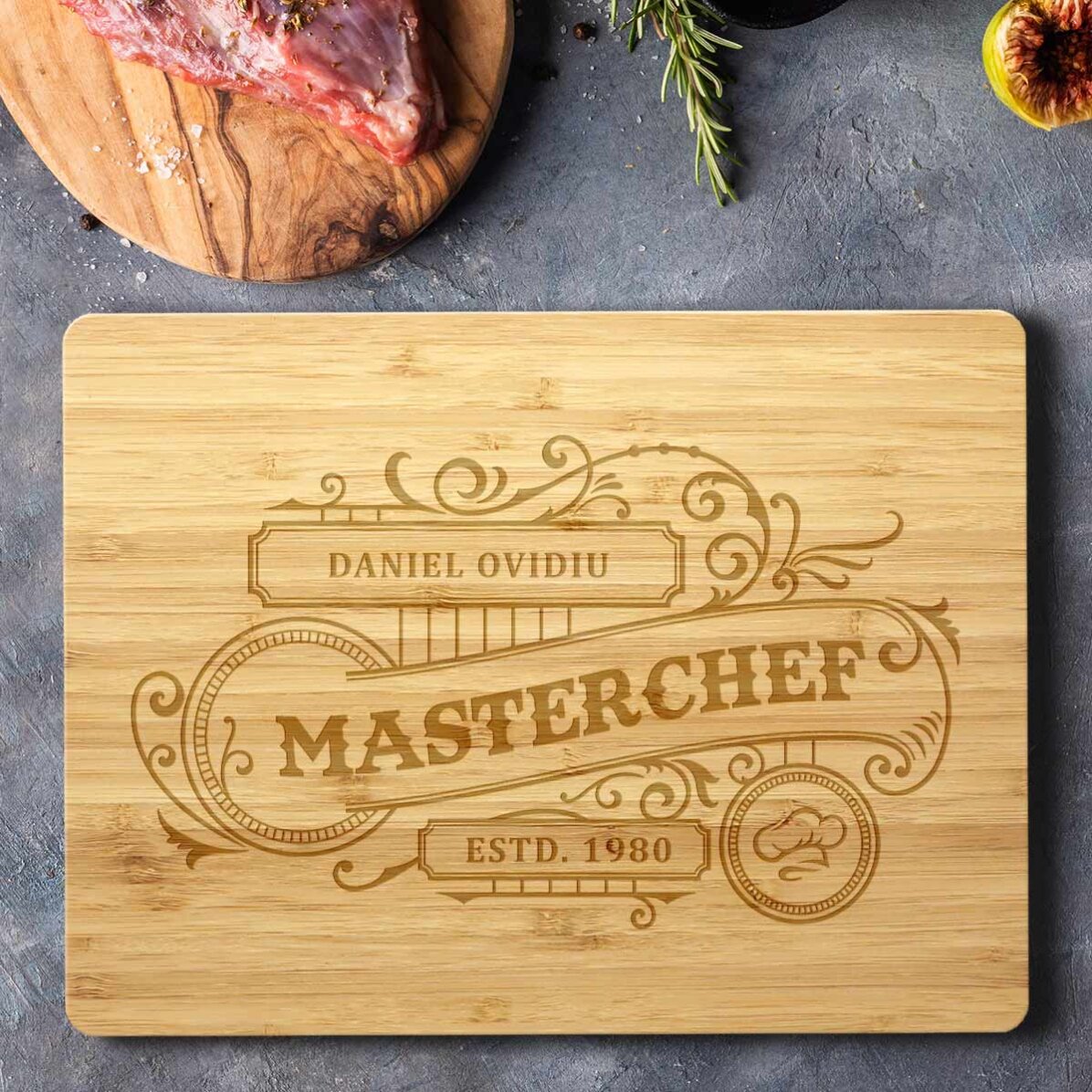 Obdélníkový bambusový sekáček s vlastním textem – Vintage Chef