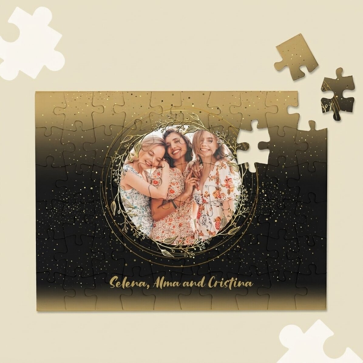 Personalizované puzzle s fotografií a textem, 20 × 15 cm – zlatý rámeček