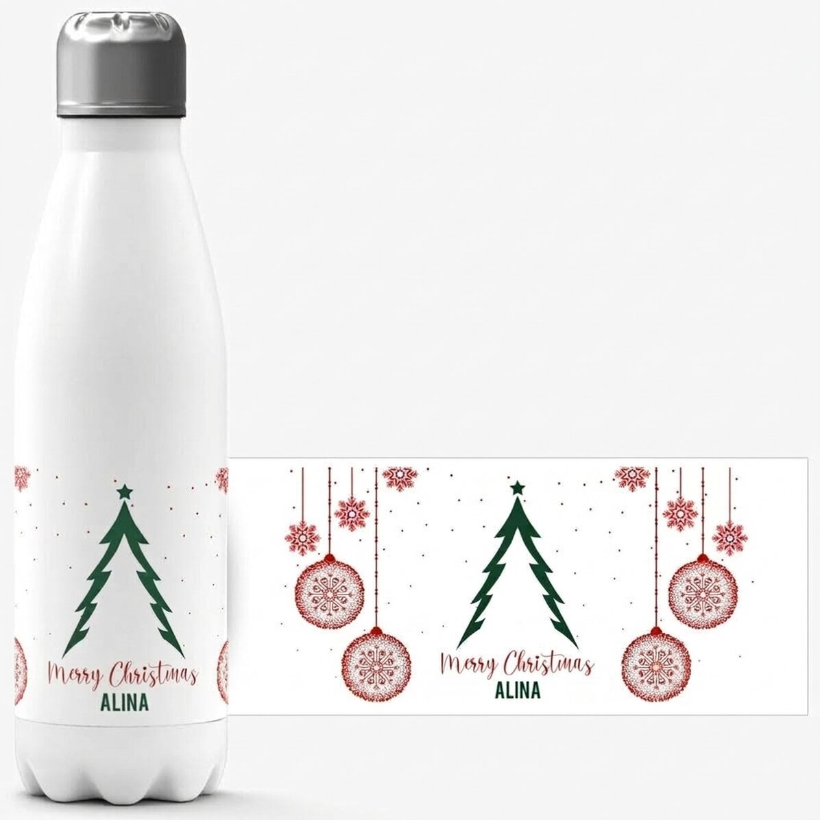 Termoska s bílou základnou s vlastním textem – Christmas tree