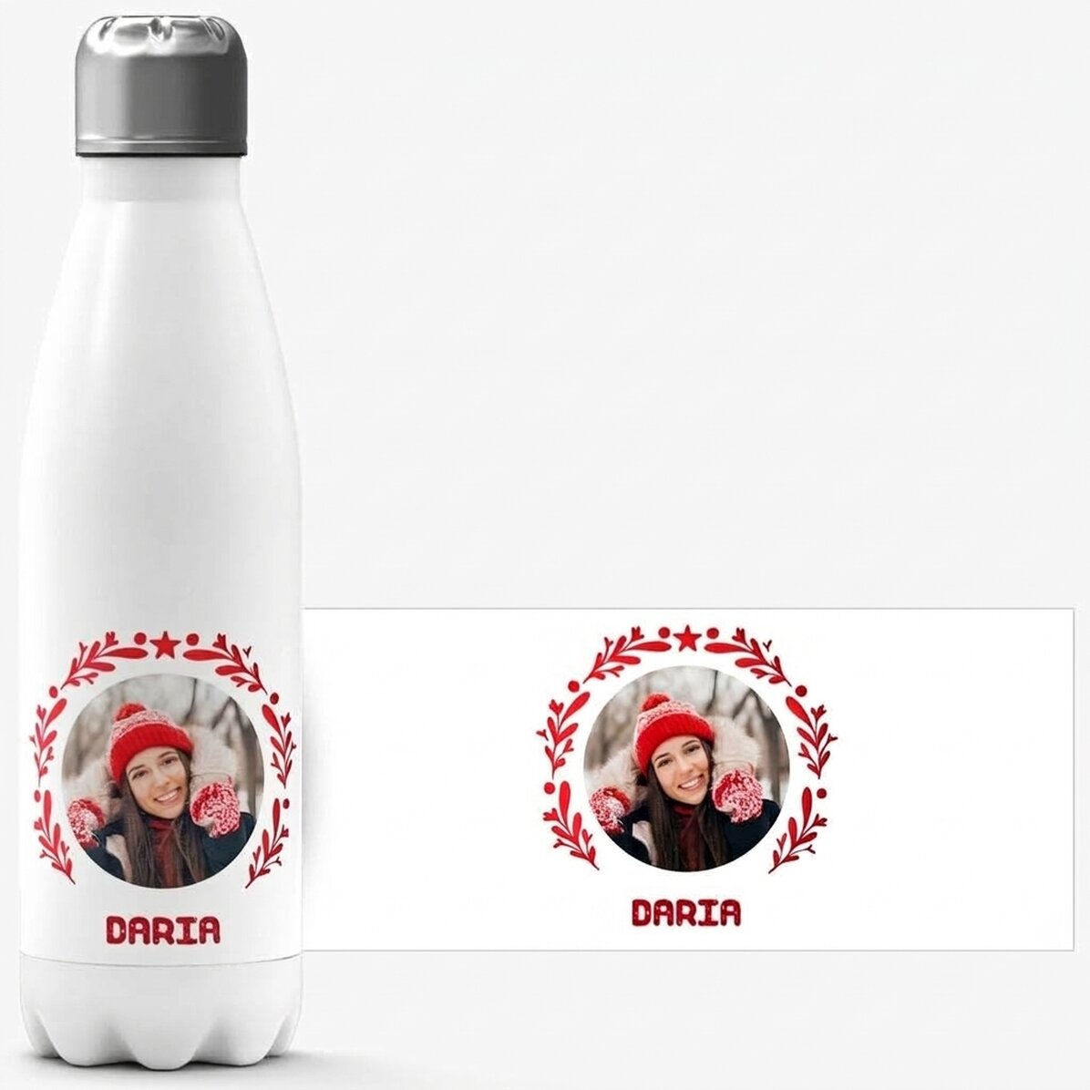 Termoska s bílou základnou, personalizovaná fotografií a textem – vánoční model
