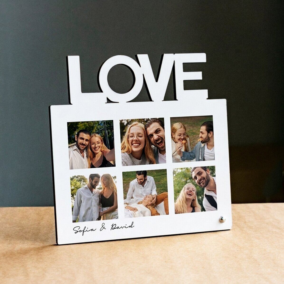 Personalizovaný stolní fotorámeček na 6 fotografií s textem – model LOVE