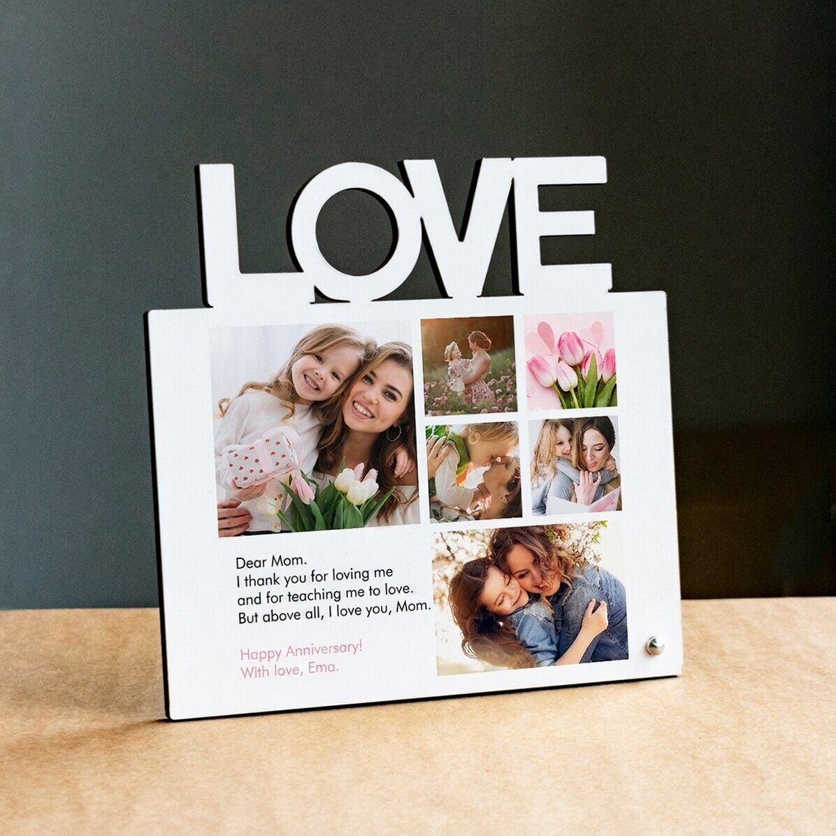 Personalizovaný stolní fotorámeček s 6 fotografiemi a textem pro maminku – model LOVE