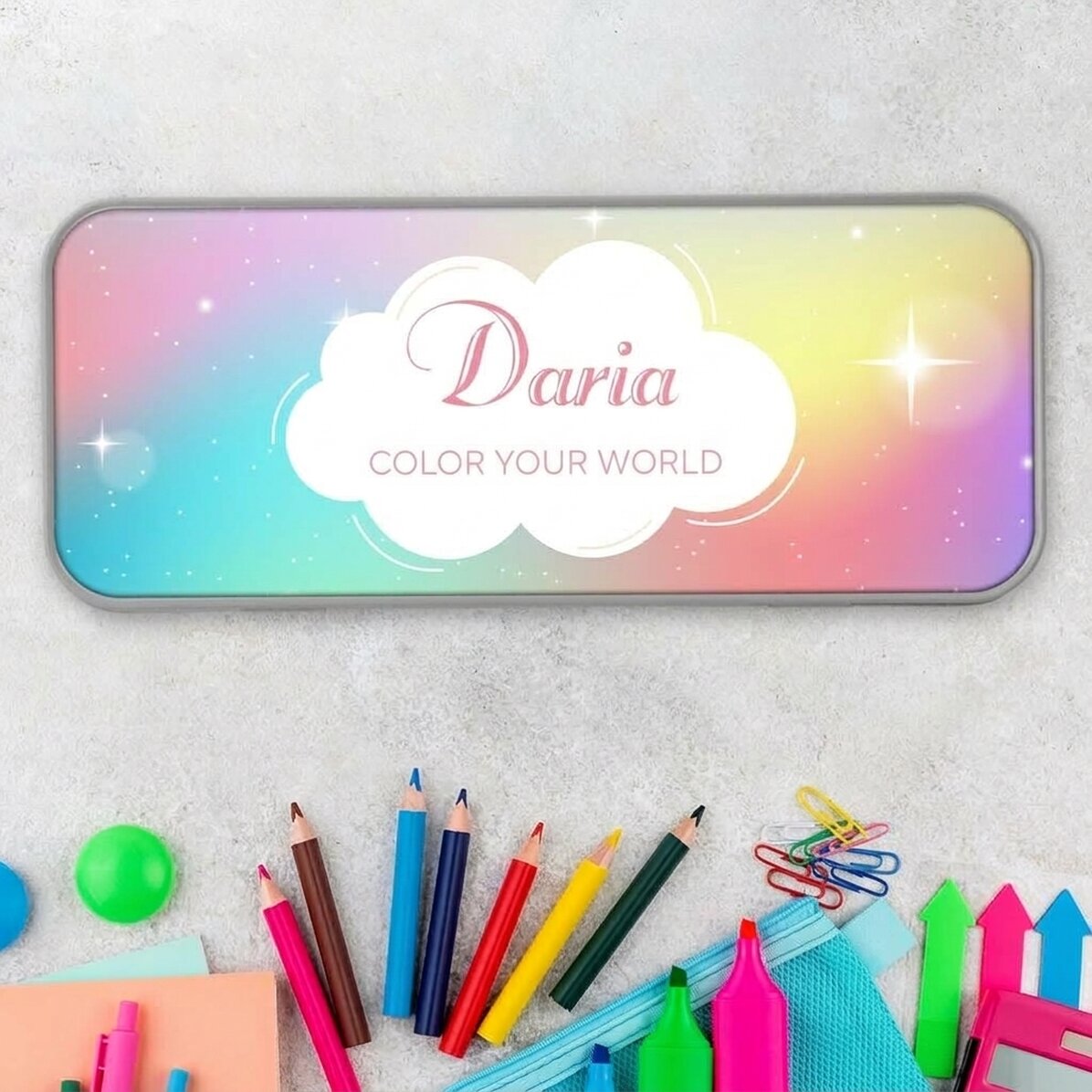 Personalizované pouzdro na tužky s nápisem – Rainbow
