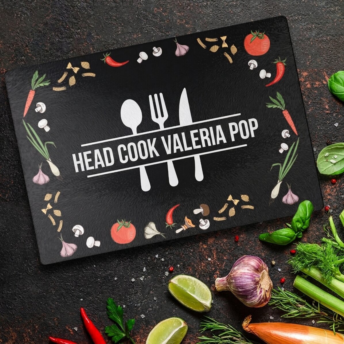 Skleněné prkénko s vlastním textem – Master Chef