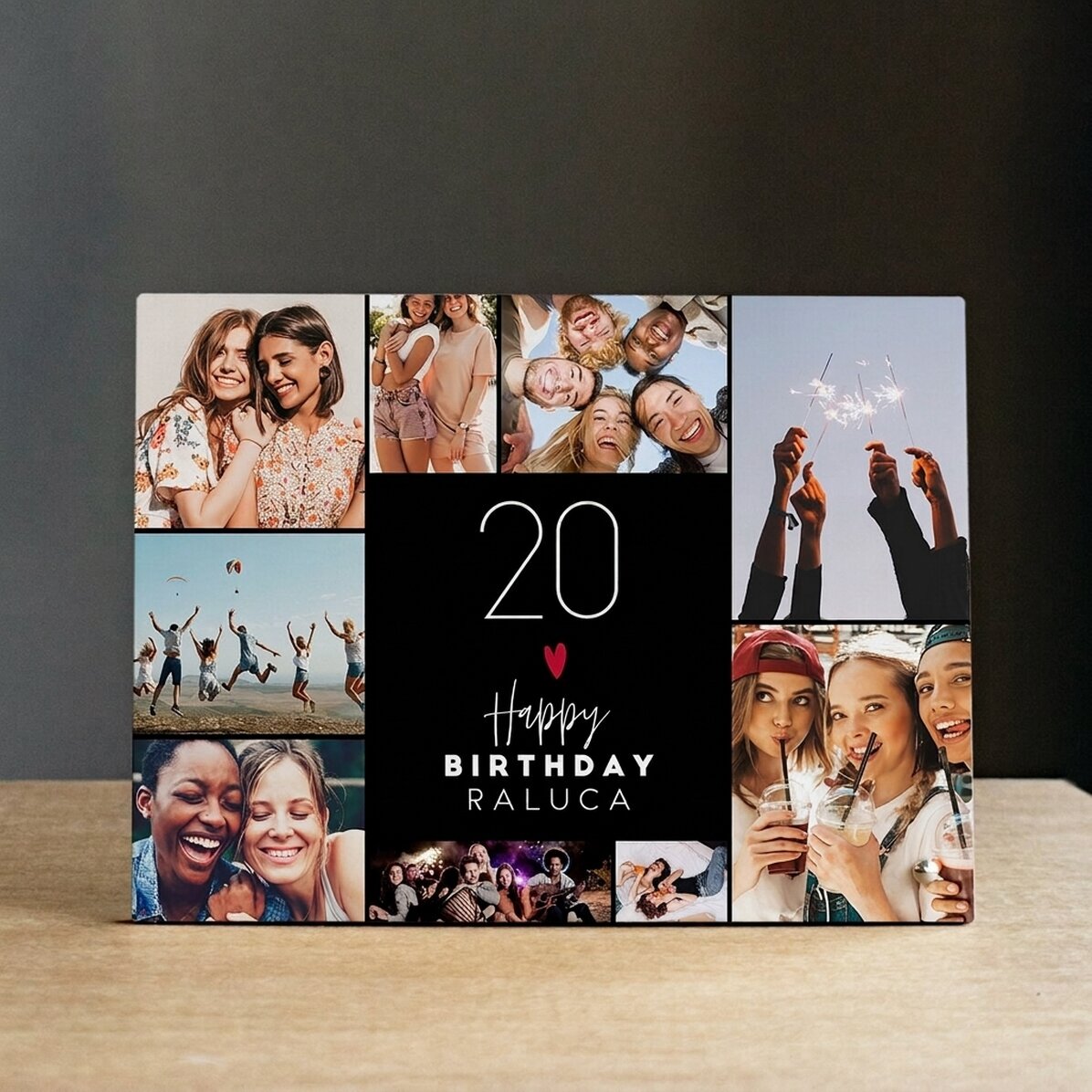Personalizovaný stolní fotorámeček s 9 fotografiemi a textem – Happy birthday