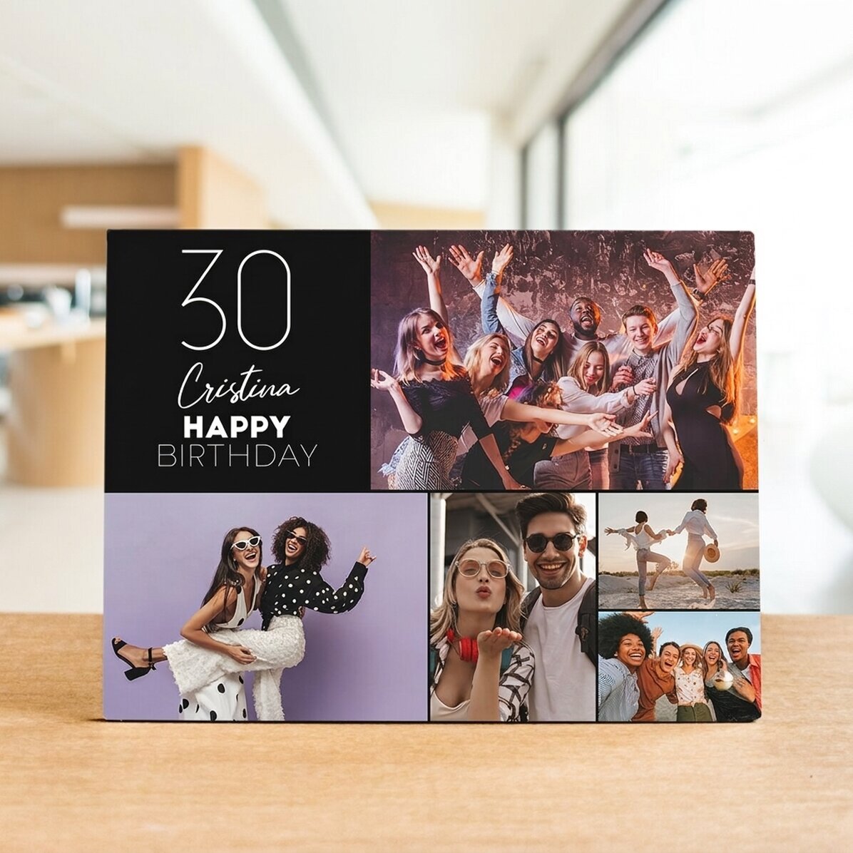 Personalizovaný stolní fotorámeček s 5 fotografiemi a textem – Happy birthday