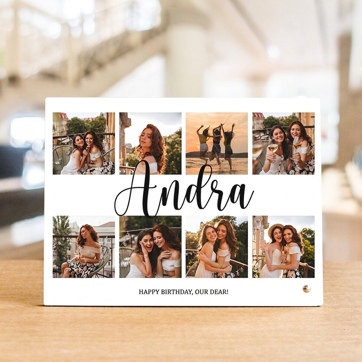 Personalizovaný stolní fotorámeček s 8 fotografiemi a textem – Radost