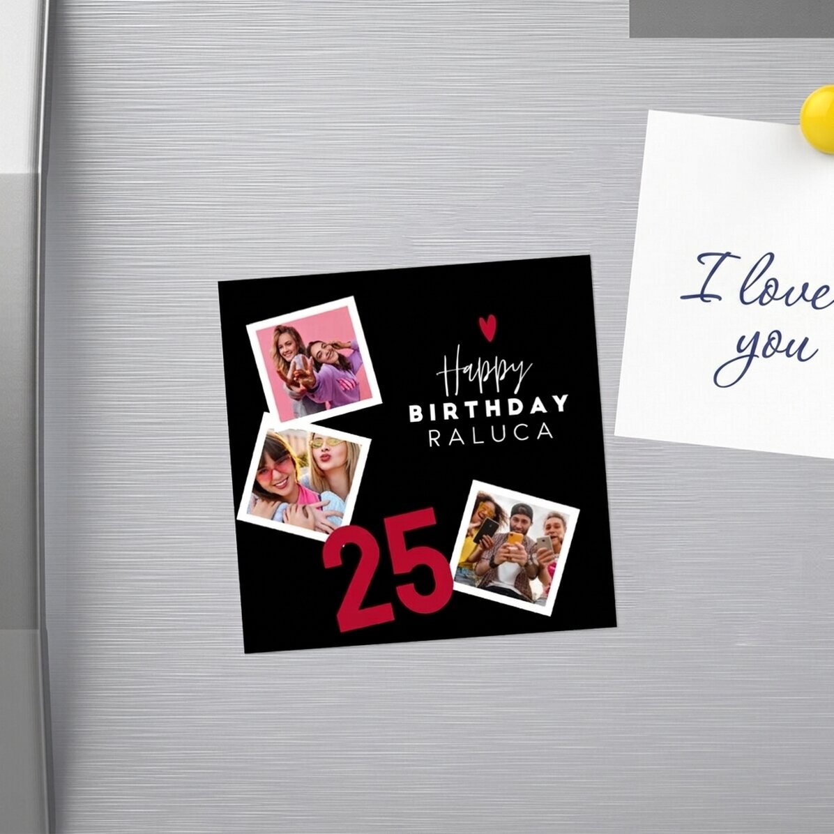 Personalizovaná magnetka 10x10 se 3 fotografiemi a textem – Všechno nejlepší k narozeninám!