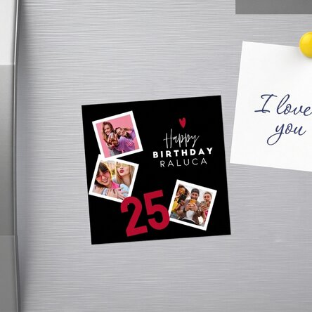 Personalizovaná magnetka 10x10 se 3 fotografiemi a textem – Všechno nejlepší k narozeninám!