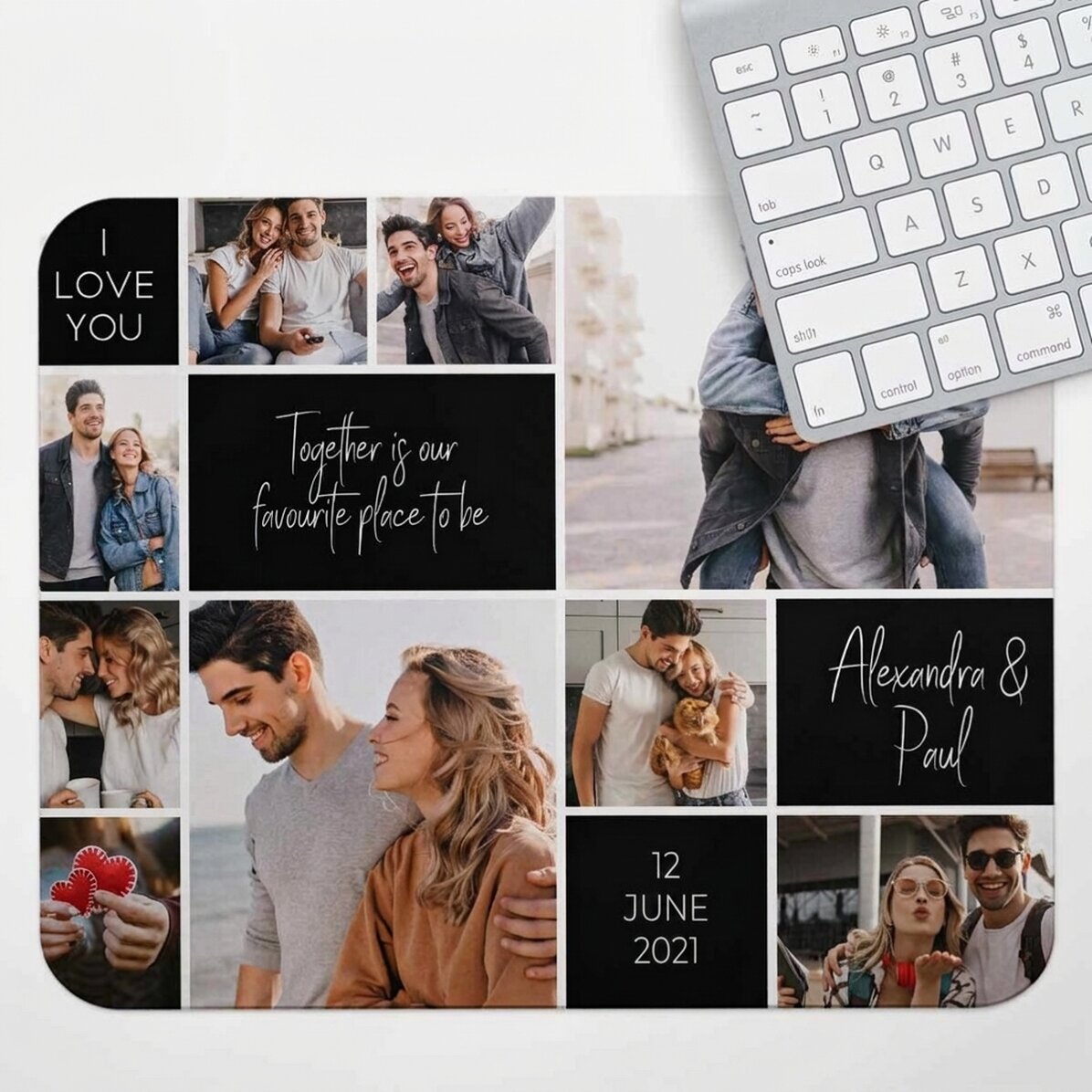 Personalizovaná podložka pod myš XL s 9 fotografiemi a textem – Memories
