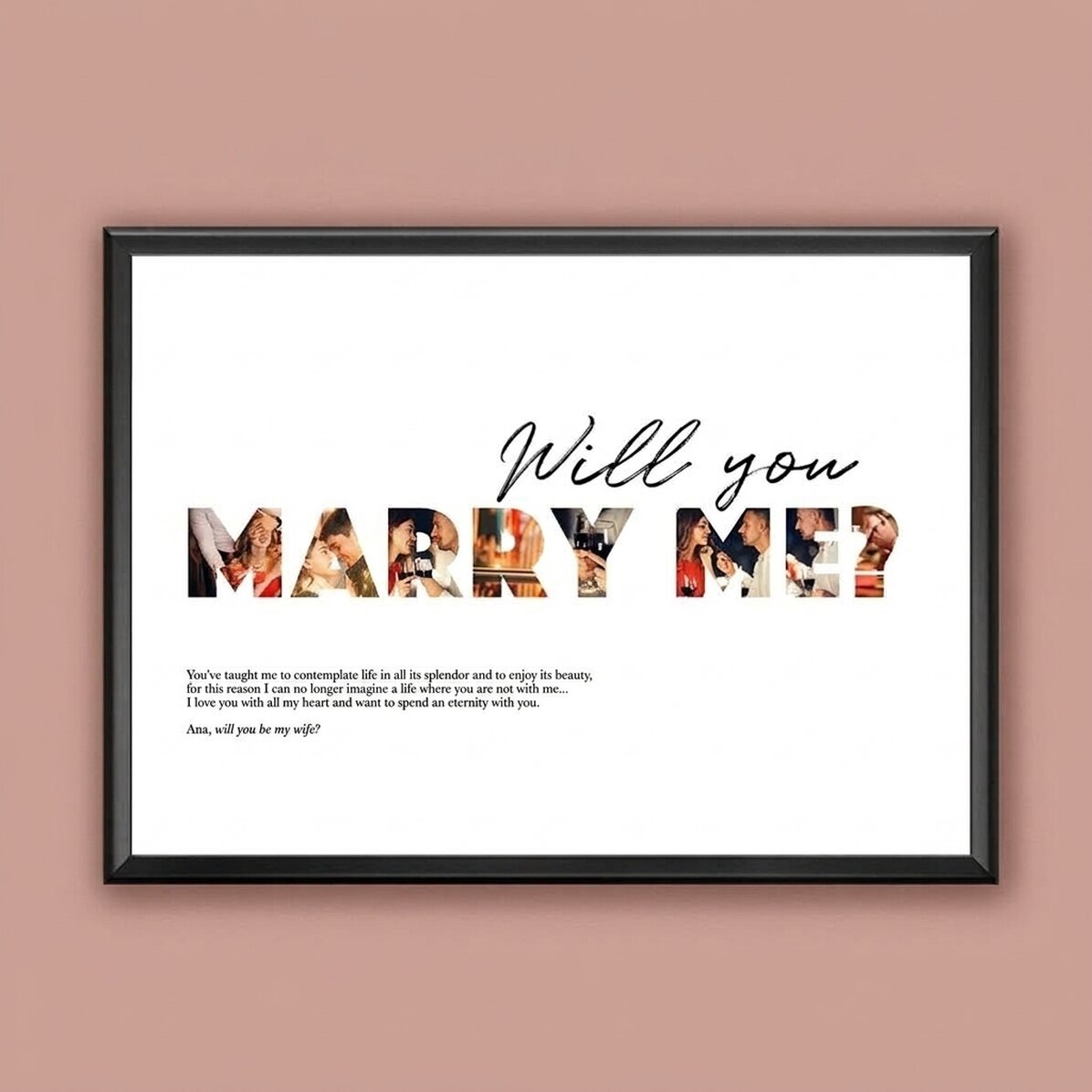 Personalizovaný obraz na šířku s 8 fotografiemi a textem – „Will you marry me?“
