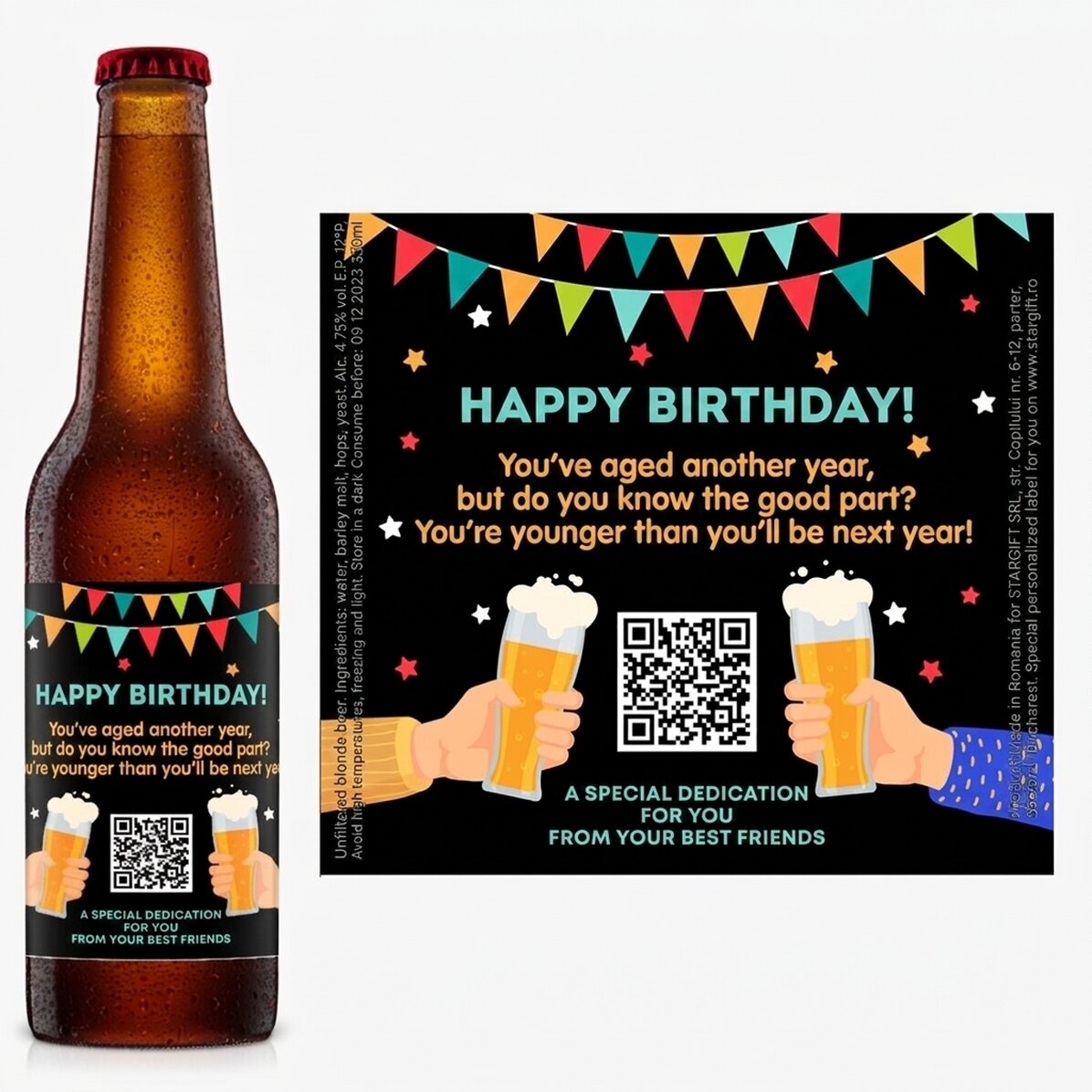 Pivo s vlastním potiskem, QR kódem a textem – Happy Birthday