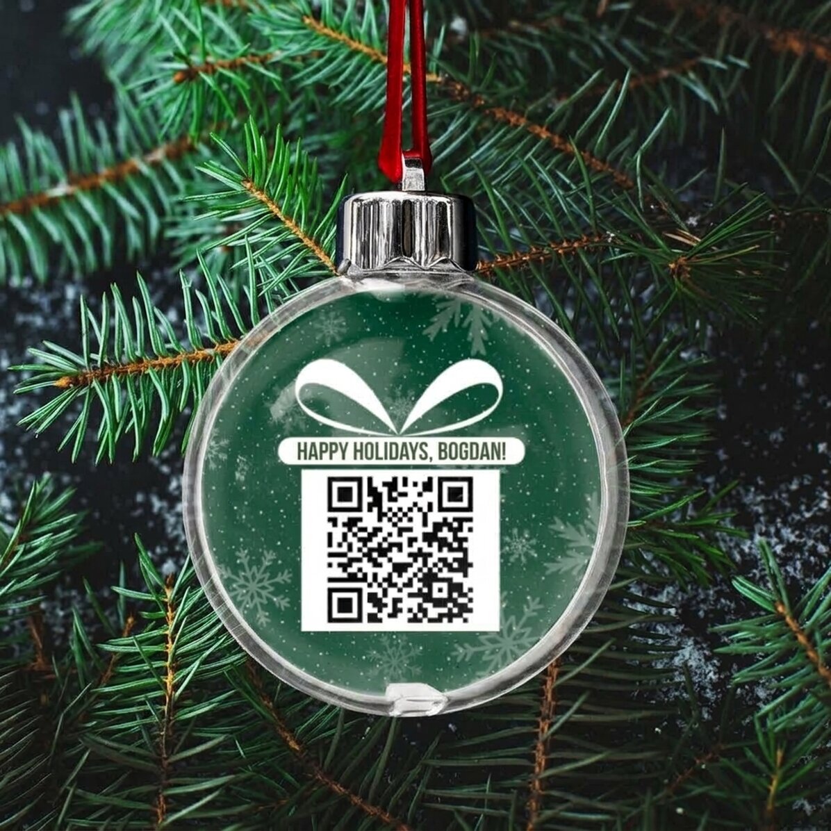 Průhledná koule s potiskem na obou stranách, s fotografií a QR kódem