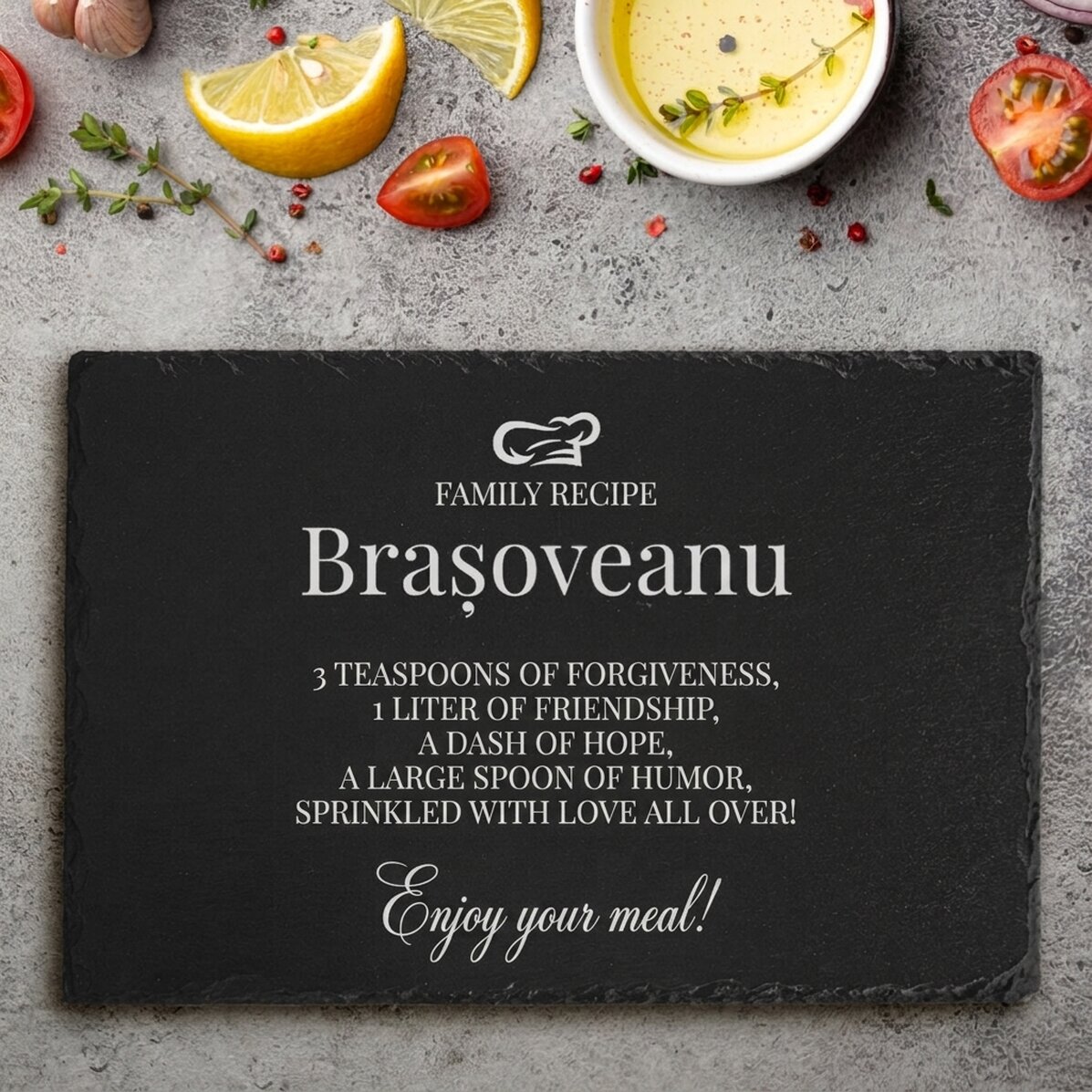Břidlicová deska s vlastním gravírovaným textem – Rodinný recept