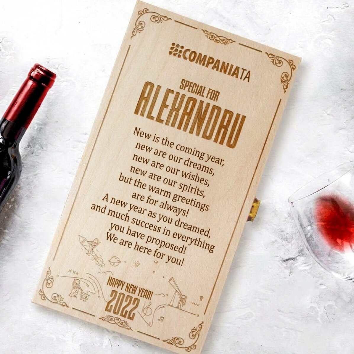 Personalizovaná krabička na dvě láhve vína s logem a vzkazem – Všechno nejlepší k narozeninám!