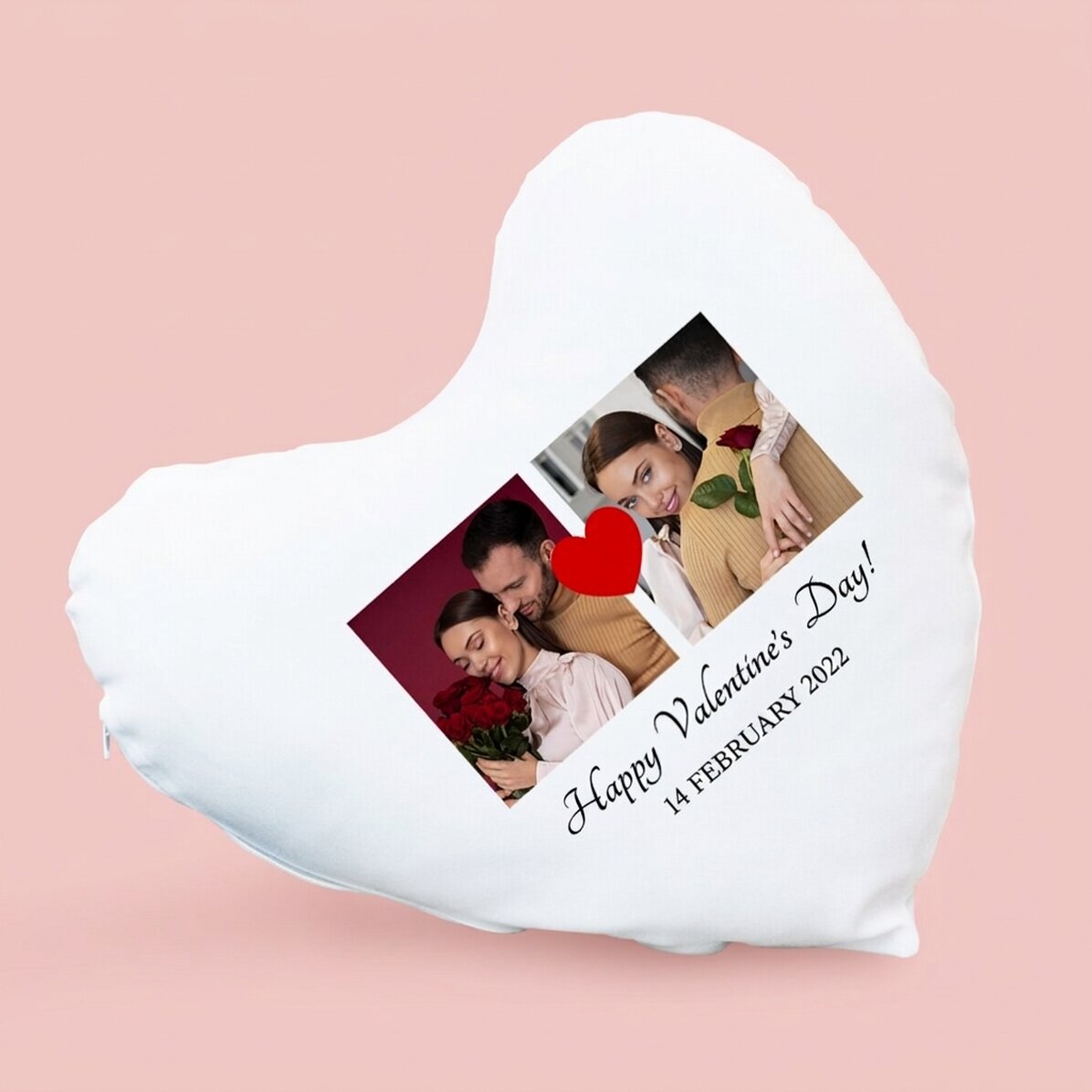 Personalizovaný polštář ve tvaru srdce se dvěma fotografiemi a textem