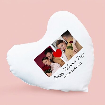 Personalizovaný polštář ve tvaru srdce se dvěma fotografiemi a textem