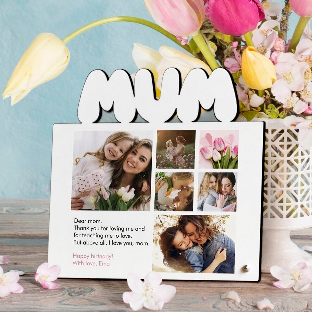 Personalizovaný stolní fotorámeček se 6 fotografiemi a vzkazem pro maminku – model MUM