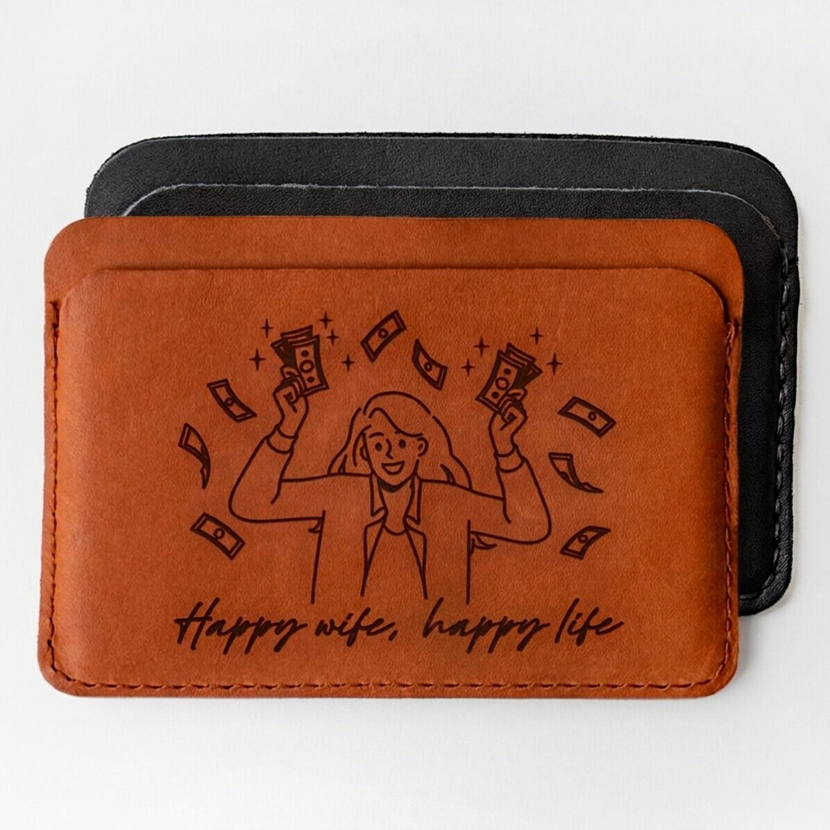 Kožená peněženka s osobním nápisem – Happy wife, Happy life