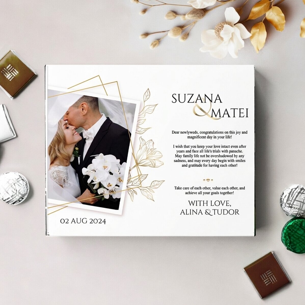 Personalizovaná krabička bonbónů s vzkazem a fotografií pro novomanžele