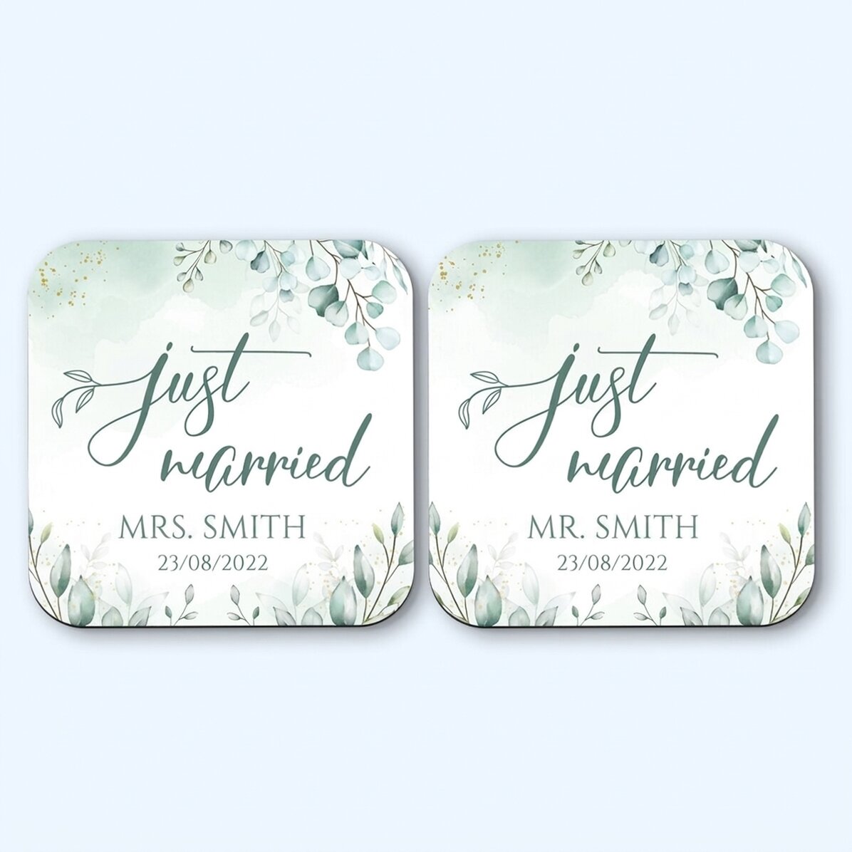 Sada 2 podtácků s vlastním textem – Just Married Elegance