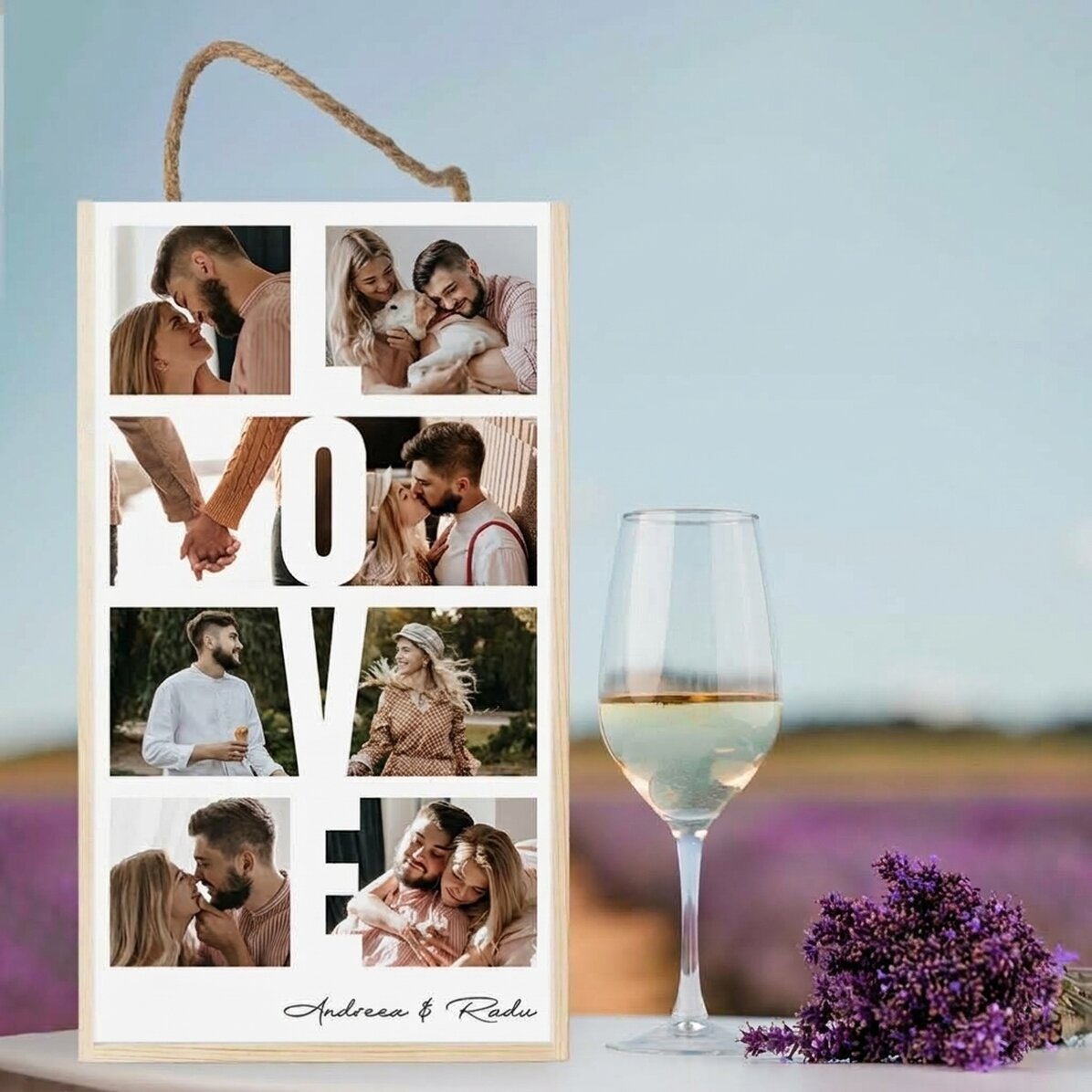 Krabička na víno pro 2 láhve s 8 fotografiemi a vzkazem – LOVE