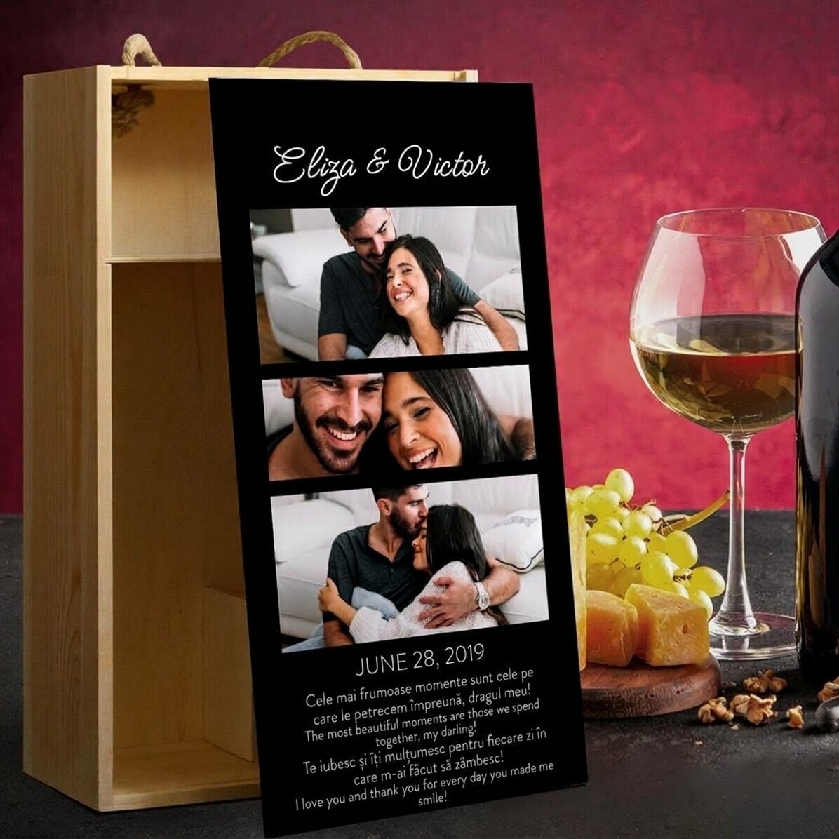 Krabička na víno pro 2 láhve s možností personalizace pomocí 3 fotografií a vzkazu pro vaše blízké