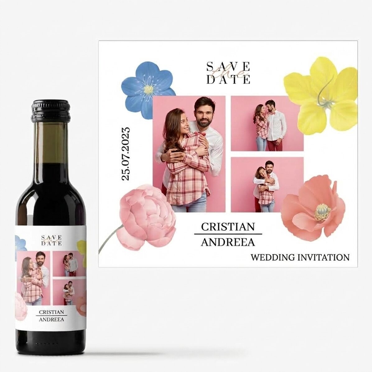 Mini lahvička vína s osobním potiskem se 3 fotografiemi a textem – Save the date