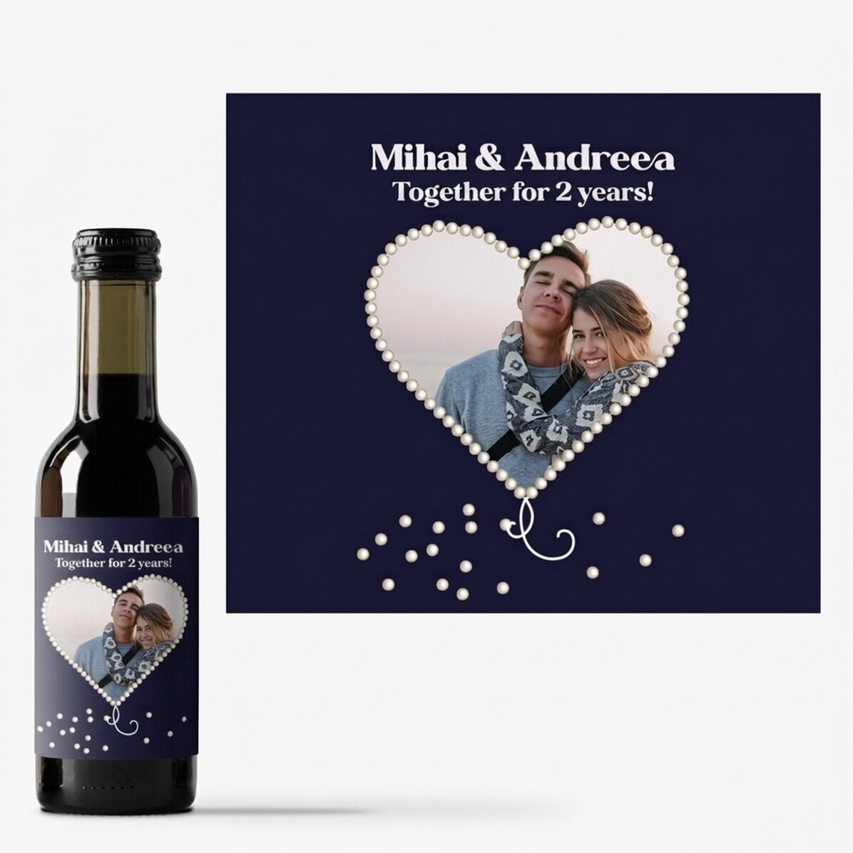 Malá lahvička vína s personalizovanou fotografií ve tvaru srdce s perleťovým efektem