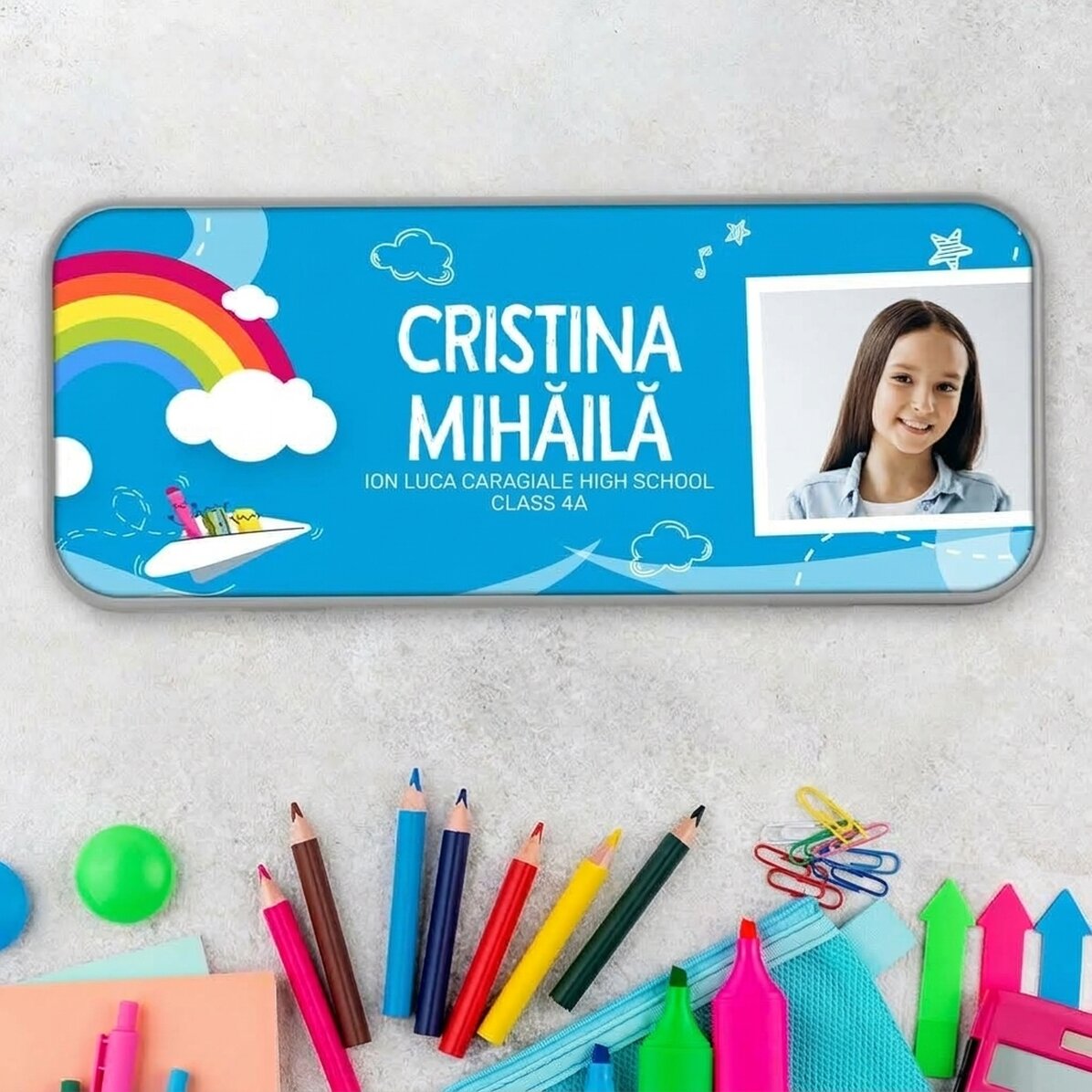 Personalizované pouzdro na tužky s fotografií a textem – model „duha“