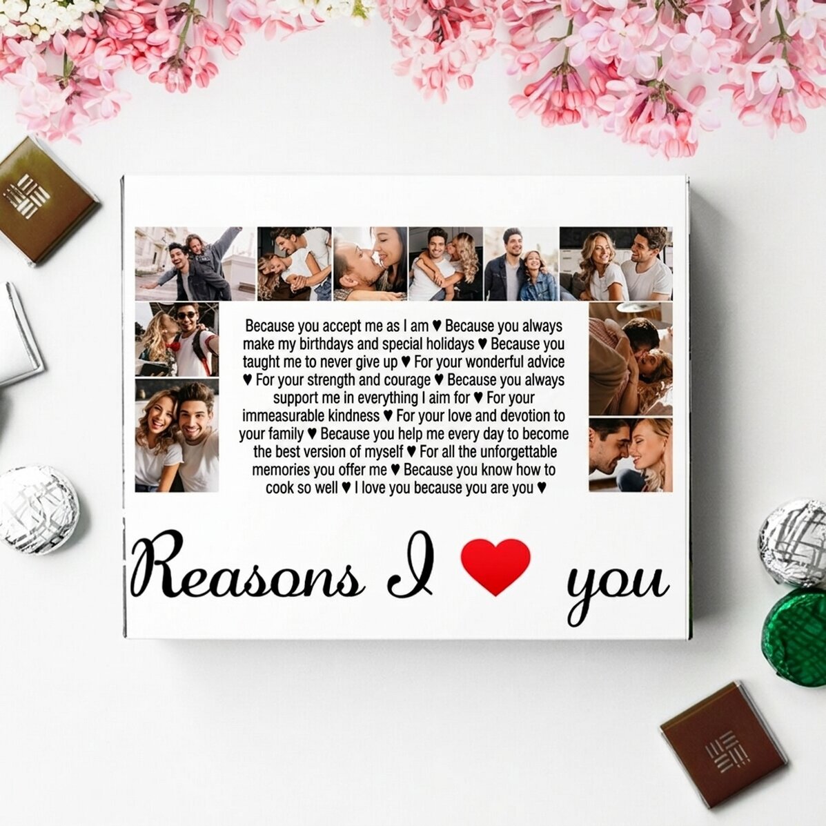 Personalizovaná krabička bonbónů s 20 fotografiemi a textem – Důvody, proč tě miluji