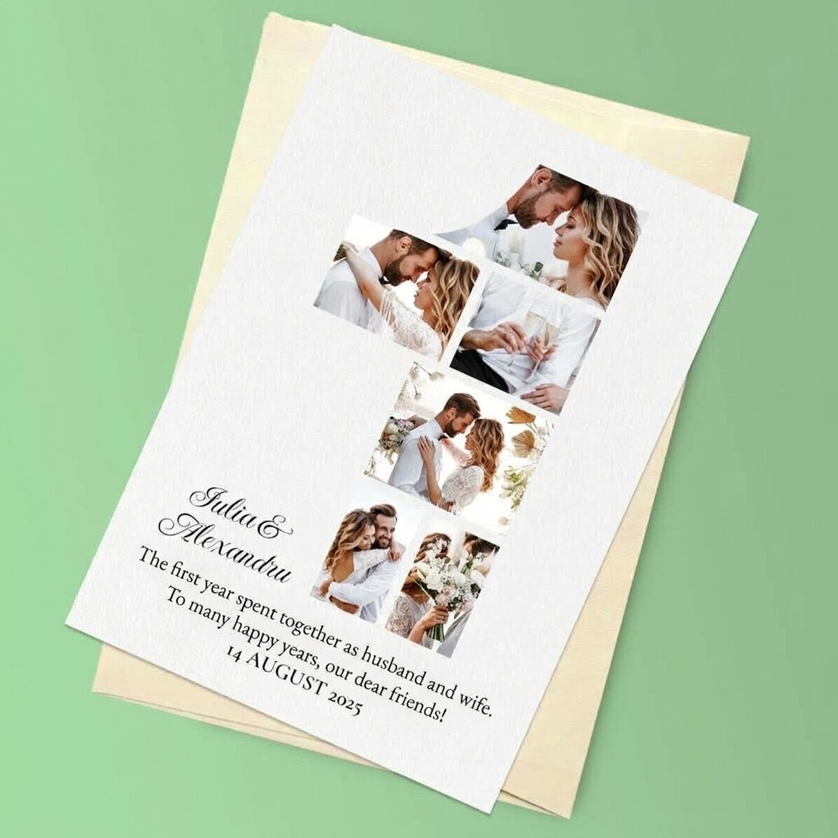 Personalizované magnetické přání s 6 fotografiemi a textem k prvnímu výročí