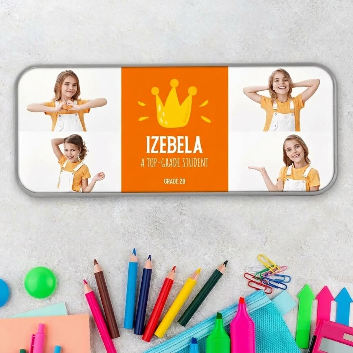 Personalizované pouzdro na tužky se 4 fotkami a textem – Nejlepší žák