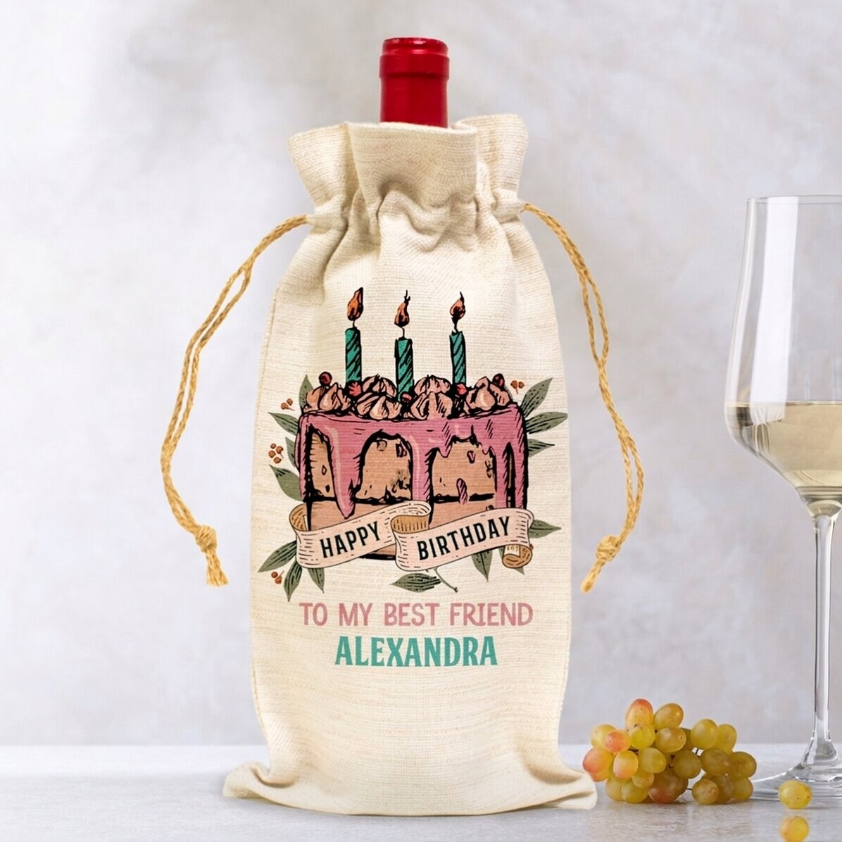 Personalizovaná taštička na láhev vína – Happy Birthday Retro