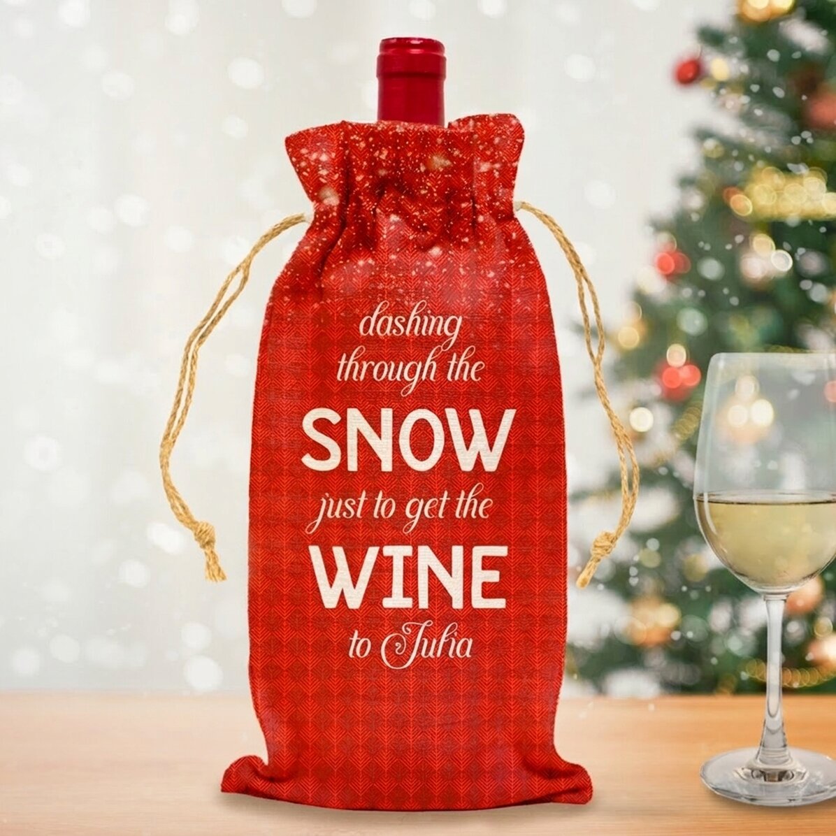 Personalizovaná taštička na láhev vína – Dashing through the snow