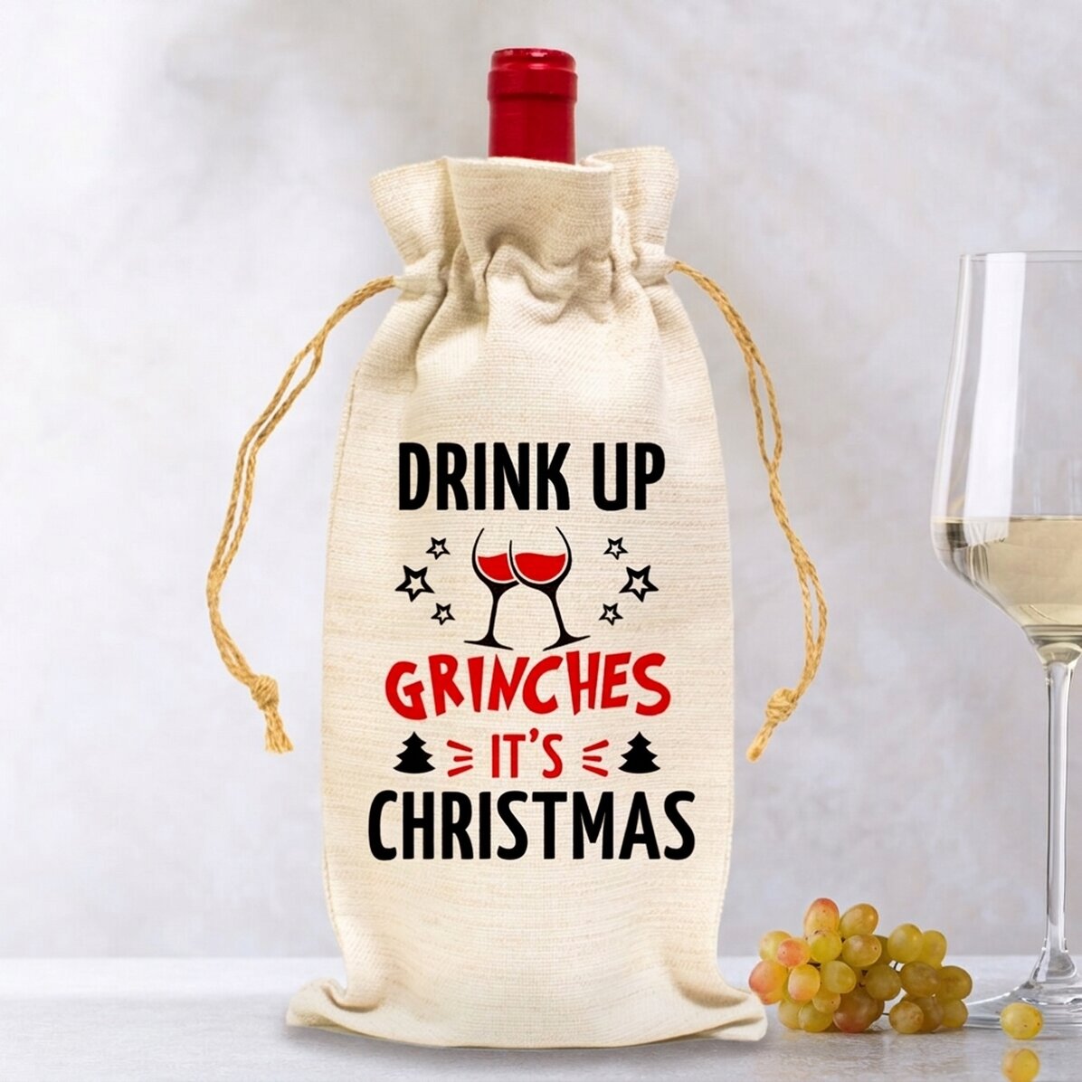 Personalizovaná taštička na láhev vína – Drink up Grinches